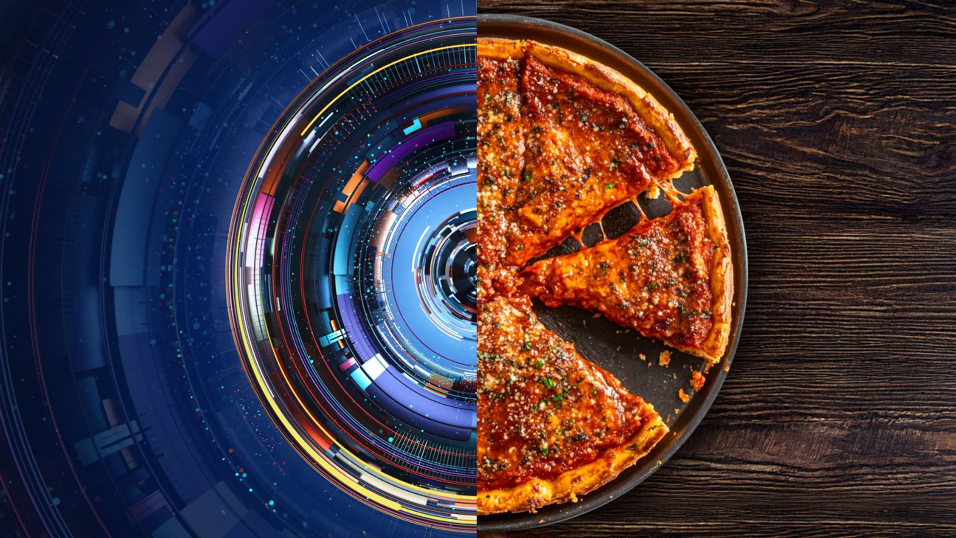 Split image of a deep dish pizza and a digital circle illustration
