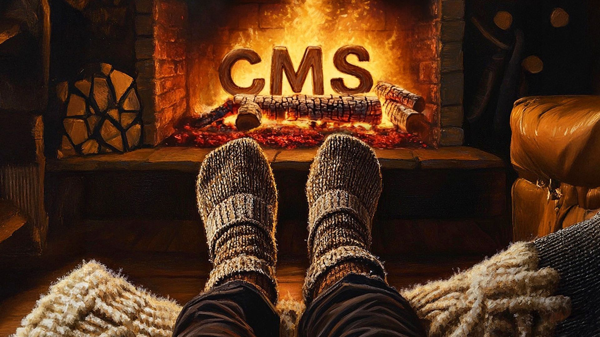 A pair of feet in wooly socks in front of a fire with the letters "CMS" in the fireplace