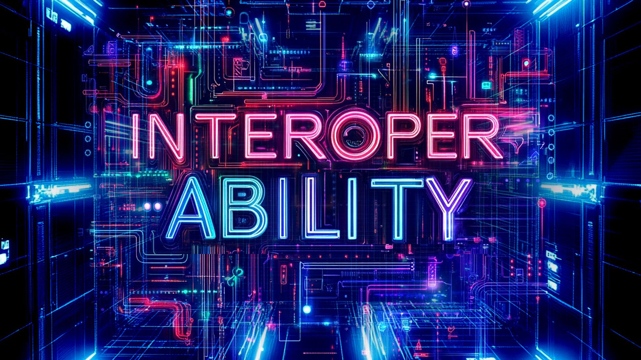 The word "INTEROPERABILITY" against a tech background